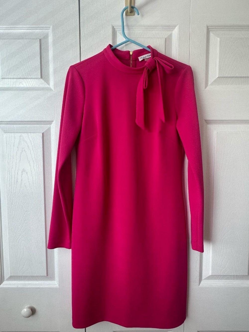 Calvin Klein Hot Pink/ Magenta Long Sleeve Mock Neck Tie-Neck Dress